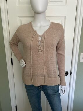 LOFT Lace-Up V-Neck Sweater in Taupe